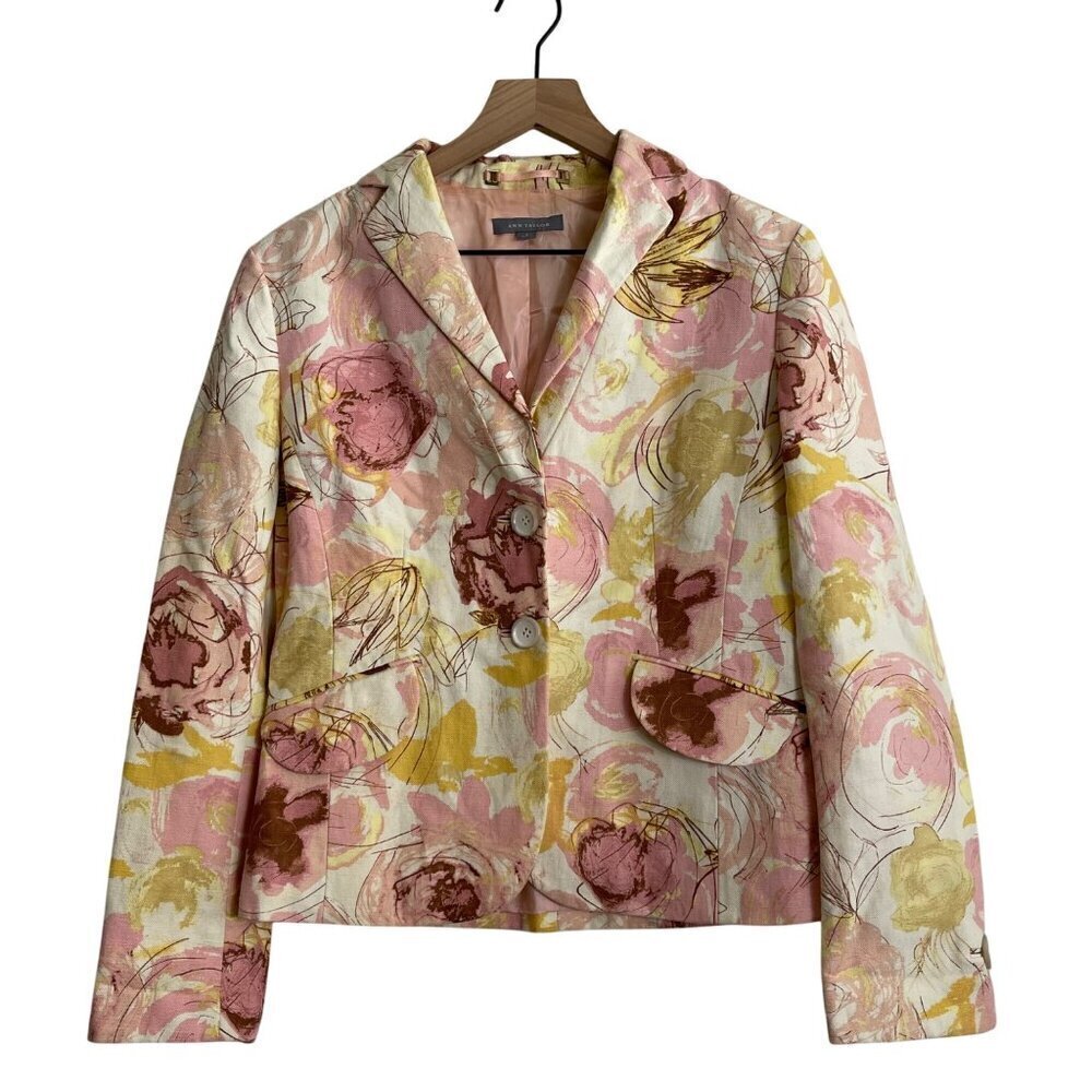 Ann Taylor Floral Jacket Cotton Linen Blazer Size 6